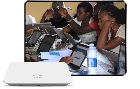 Students on School on front a Cisco Meraki Device